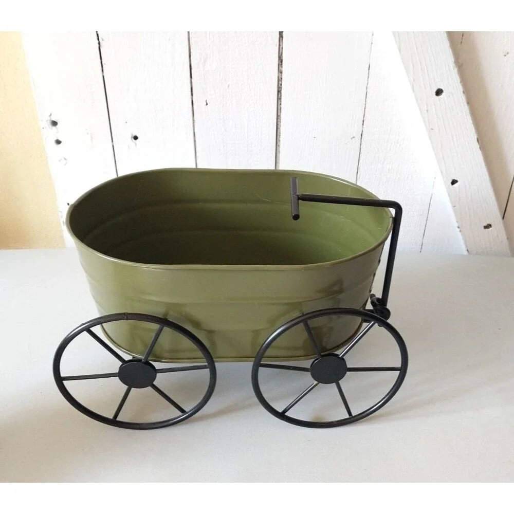 Olive Green Metal Wagon Planter w/ Rustic Black Wrought Iron Wheels Tabletop